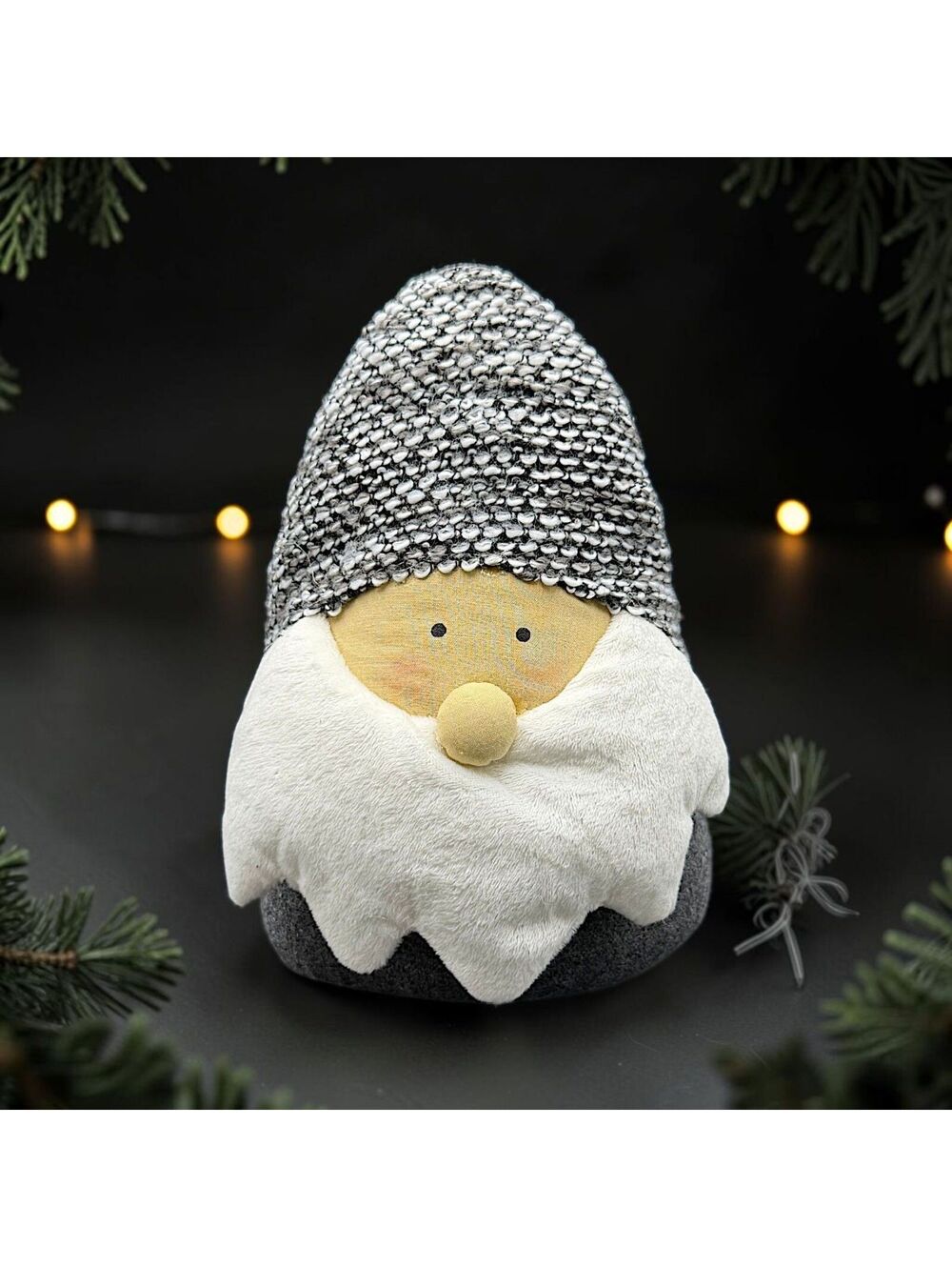 Vtg Handcrafted Gray Gnome Plush Decore w Sequined Hat 8" Scandinavian Christmas
